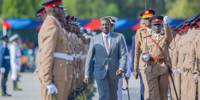 Photo : resident William Ruto during the cadets commissioning parade at the Kenya Military Academy in Lanet on May 31, 2024